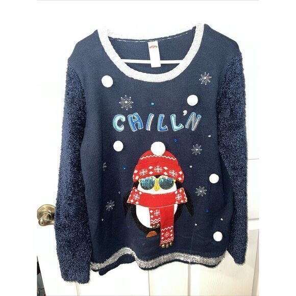 Holiday Time Women's Large (12-14) Blue‎ CHILL'N Embellished Warm Winter Sweater - Picture 1 of 7